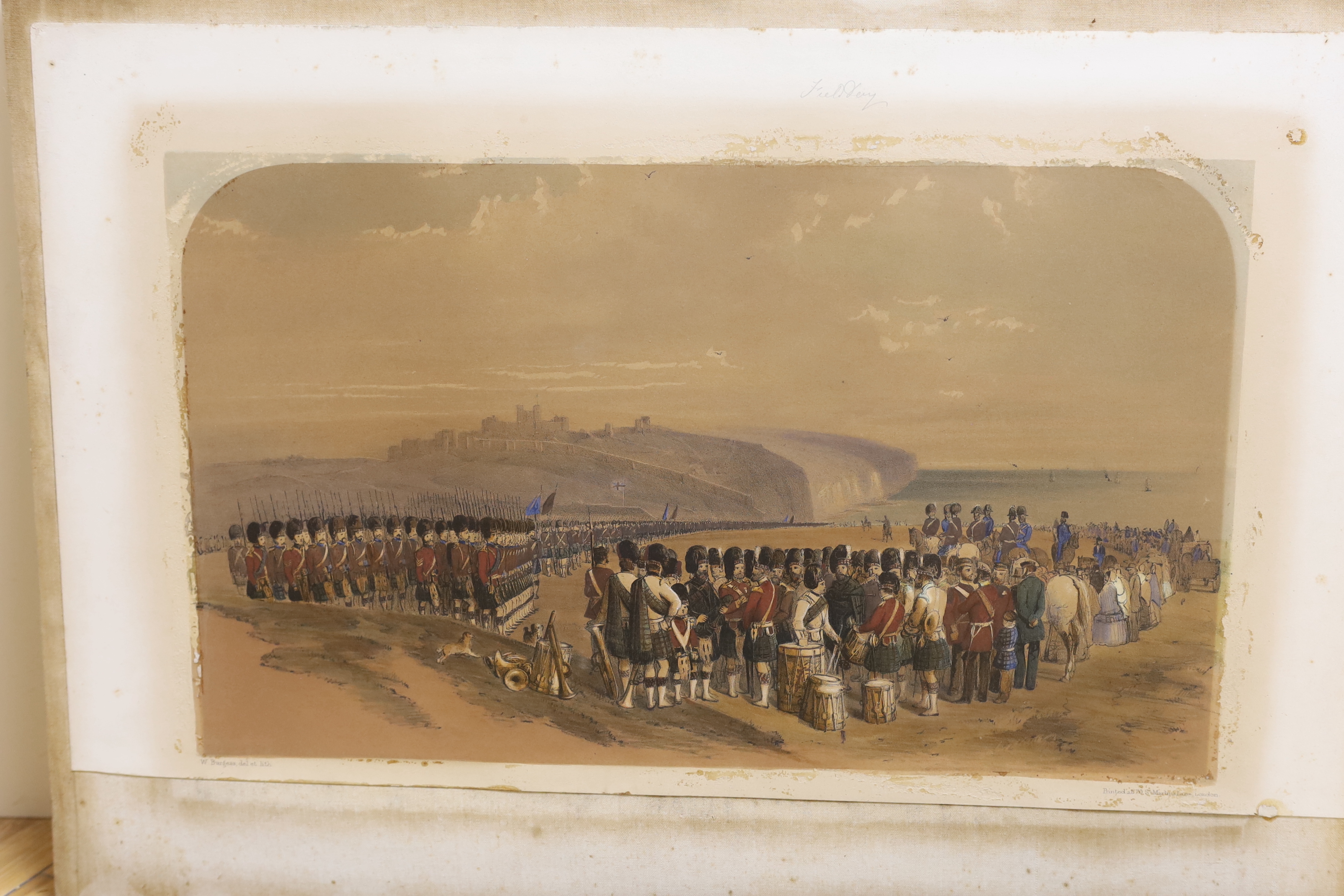 After William Burgess of Dover (1805-1861), four hand coloured lithographs, Views of Dover Castle and environs, 'Camp of 41st, 61st and 93rd Highlanders', dated 1828, 26 x 44cm, unframed